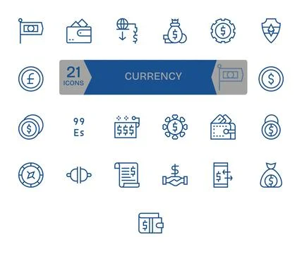 Currency Scalable Vector Set featuring 25 Display Perfect Regular Line Reti.. Ilustración de archivo