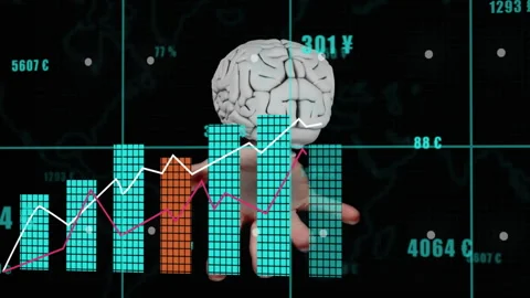 Currency shifting driving brain hovering over palm while bars rising and lines Stock Footage 311217279