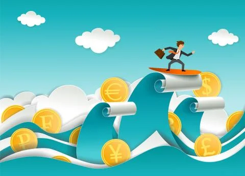 Currency surfer vector paper cut illustration Stock Illustration
