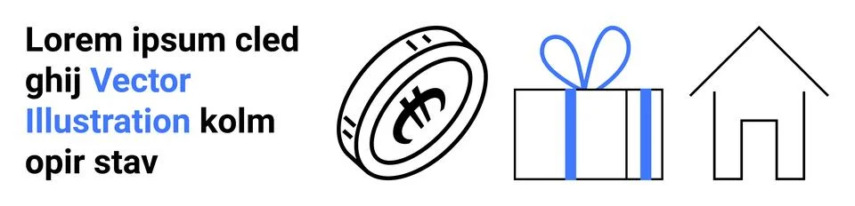 Currency Symbol, Gift Box with Bow, and House Outline with Lorem Ipsum Text Stock Illustration