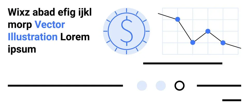 Currency symbol inside a circular frame, line graph with blue data points, sa Stock Illustration