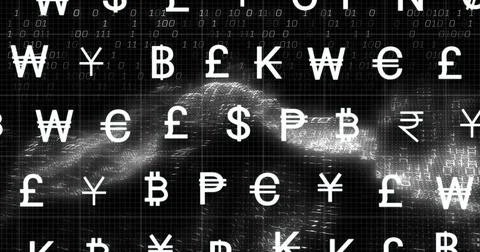 Currency symbols and binary code image over abstract digital background Stock Photos
