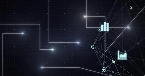 Currency symbols and data visualization image over dark grid background Illustrazione stock