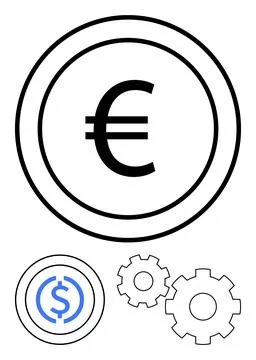 Currency Symbols in Circles with Interlocking Gears Representing Financial .. Stock Illustration
