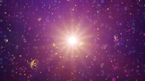 Currency symbols explode from a central light source against a cosmic Stock Footage 301874089