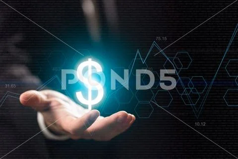 Currency symbols on human hand. Money making and wealth Stock Photos