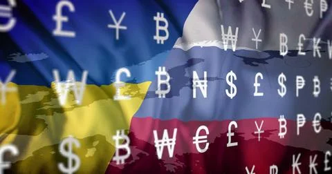 Currency symbols image over flags of Ukraine and Russia on map background Ilustração Stock
