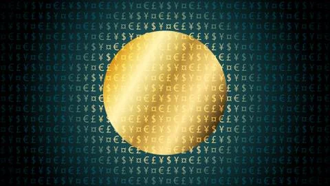 Currency symbols pattern on dark background, golden shining circle coin Stock Illustration