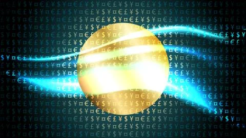 Currency symbols pattern on dark background, golden shining circle coin, texture Stock Illustration