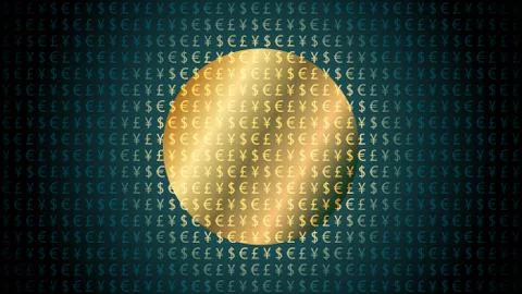 Currency symbols pattern on dark background, golden shining circle coin Stock Illustration