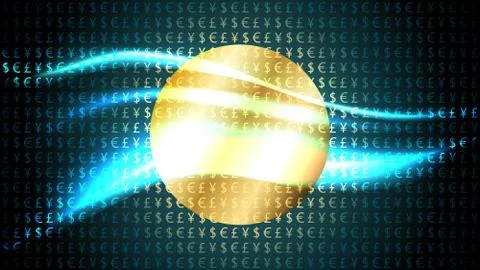 Currency symbols pattern on dark background, golden shining circle coin Stock Illustration