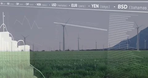Currency ticker starting and driving financial overlay growing over wind farm, Stock Footage 334036559