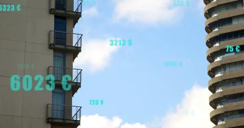 Currency values image over buildings against blue sky with clouds Ilustración de archivo