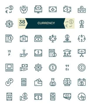 Currency Vector Icon Set with 42 Regular Line 64x64 Pixel Aligned Graphics Stock Illustration