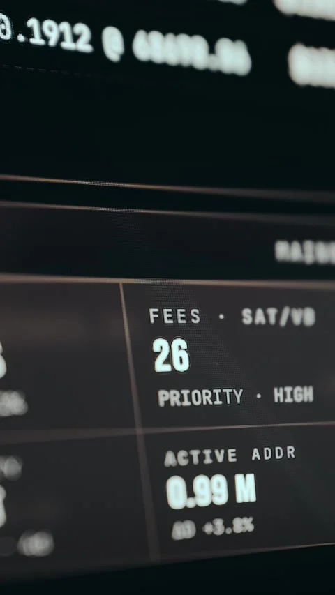 Current Bitcoin network statistics, current transaction fee rate and network Stock Footage 333451595