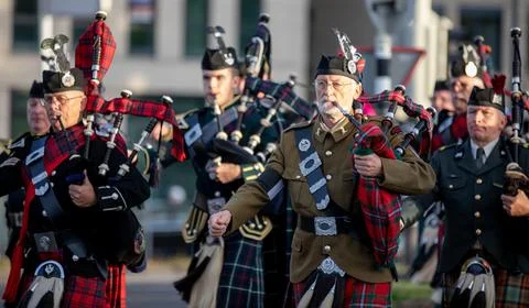 Current Military-1940-present day, A group of British and Dutch musicians march Stock Photos
