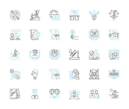 Current schooling linear icons set. Curriculum, Learning, Assessment Stock Illustration