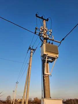 Current transformer and high voltage electric power lines Stock Photos