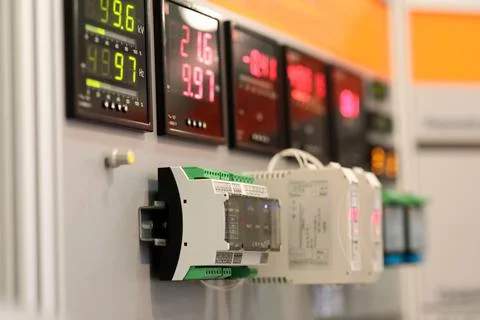 Current, voltage, and frequency digital meters Stock-Fotos
