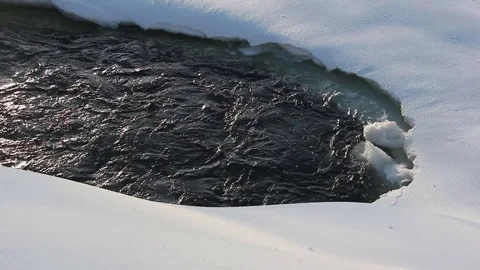 Current of water in the river in the winter among snow on the Sunset Stock Footage 73685432