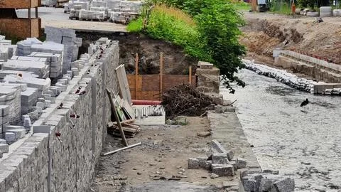 Currently, we are in the process of constructing a stonewalled riverbank, which 写真素材