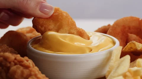 Curry cheese lemon sauce close up, fast food cafe Pouring fries potato and fry Stock Footage 294825428