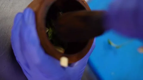 The curry leaves, ginger and garlic in a mortar or pestle, preparing an ingredie Stock Footage 155057053