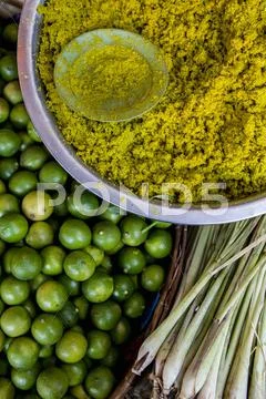 Curry Paste, Lemon Grass And Limes At A Market In Cambodia
