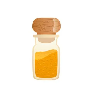 Curry spice in bottle in flat design. Aromatic yellow powder condiment. Vec.. Stock Illustration