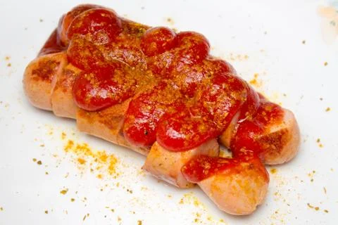 Currywurst on white background Stock Photos