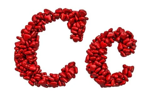 Cursive letter C from red hearts, capital and small letters. 3D rendering 스톡 일러스트