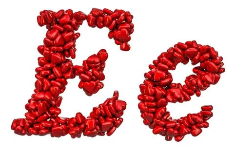Cursive letter E from red hearts, capital and small letters. 3D rendering 스톡 일러스트
