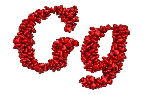Cursive letter G from red hearts, capital and small letters. 3D rendering 스톡 일러스트