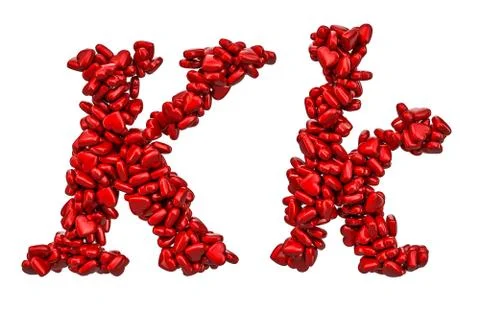 Cursive letter K from red hearts, capital and small letters. 3D rendering 스톡 일러스트