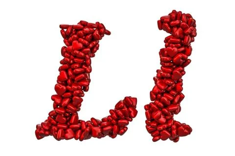 Cursive letter L from red hearts, capital and small letters. 3D rendering 스톡 일러스트