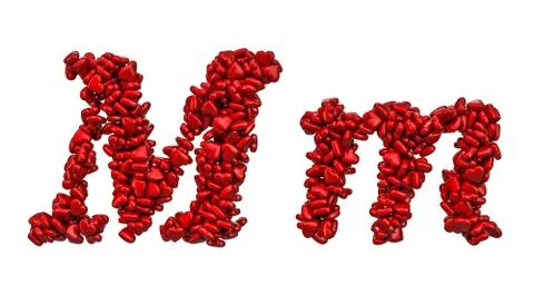 Cursive letter M from red hearts, capital and small letters. 3D rendering 스톡 일러스트