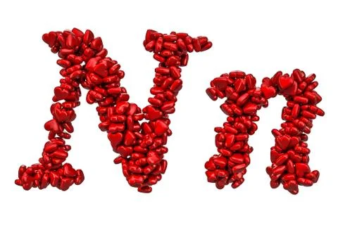Cursive letter N from red hearts, capital and small letters. 3D rendering 스톡 일러스트