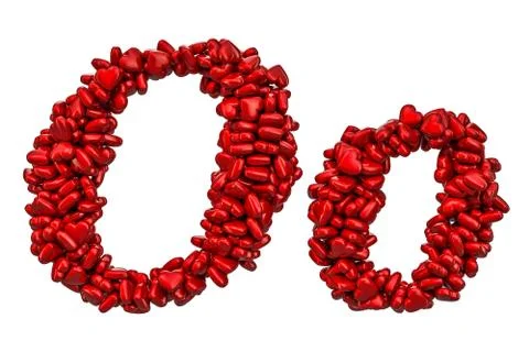 Cursive letter O from red hearts, capital and small letters. 3D rendering 스톡 일러스트