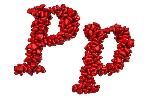 Cursive letter P from red hearts, capital and small letters. 3D rendering 스톡 일러스트