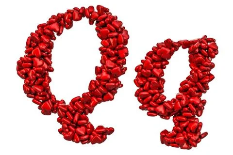 Cursive letter Q from red hearts, capital and small letters. 3D rendering 스톡 일러스트