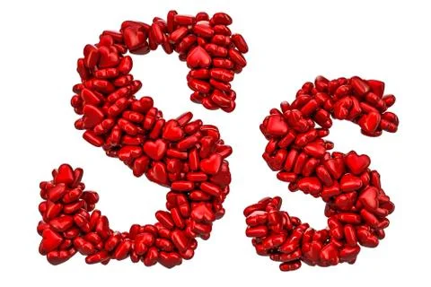 Cursive letter S from red hearts, capital and small letters. 3D rendering 스톡 일러스트