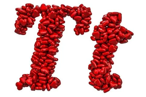 Cursive letter T from red hearts, capital and small letters. 3D rendering 스톡 일러스트