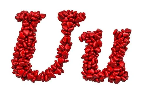 Cursive letter U from red hearts, capital and small letters. 3D rendering 스톡 일러스트
