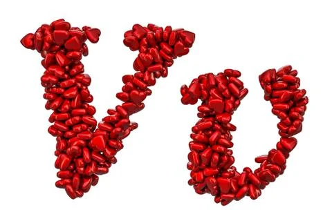 Cursive letter V from red hearts, capital and small letters. 3D rendering 스톡 일러스트