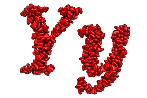 Cursive letter Y from red hearts, capital and small letters. 3D rendering 스톡 일러스트