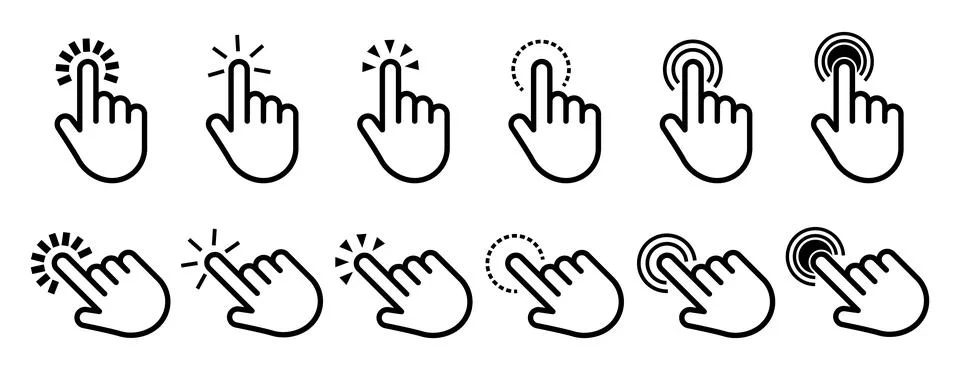 Cursor and Pointer Icon Set with Clickable Hand Arrows, Digital Buttons, and Stock Illustration