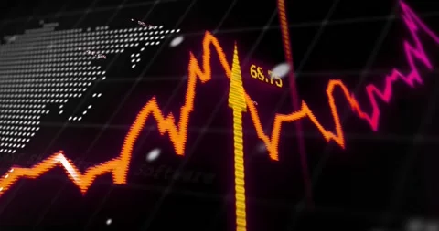 Cursor appearing, orange line chart moving across dotted map, updating readouts Vídeos de archivo 328685196
