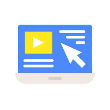 Cursor arrow and video clip on laptop screen, website related icon Stock Illustration