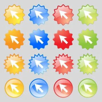 Cursor, arrow icon sign. Big set of 16 colorful modern buttons for your design. Stock Illustration