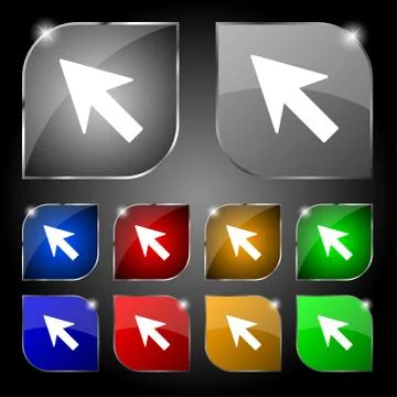 Cursor, arrow icon sign. Set of ten colorful buttons with glare. Vector Ilustración de archivo